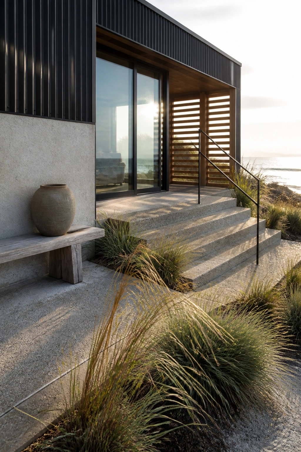 Modern house exterior with black corrugated metal siding, concrete walls and steps, large glass doors, and a wooden bench holding a large pot beside coastal grasses.