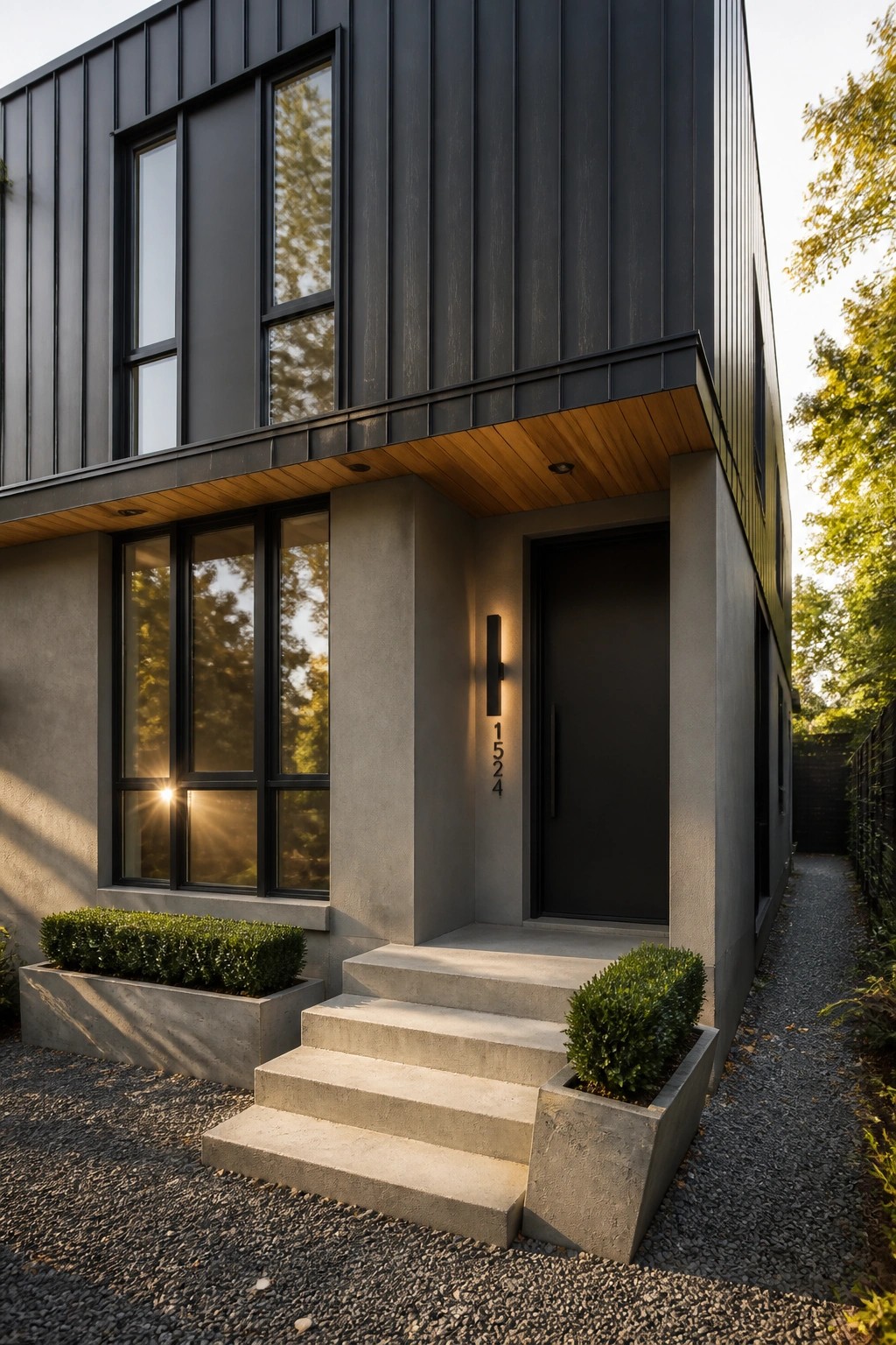 A modern two-story house exterior featuring vertical black metal siding on the upper level, smooth concrete walls below, a black front door, concrete steps, and large black-framed windows.