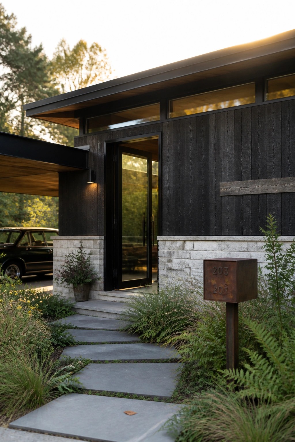 Modern dark wood house with open door, stone path, rusty mailbox, and vintage car.