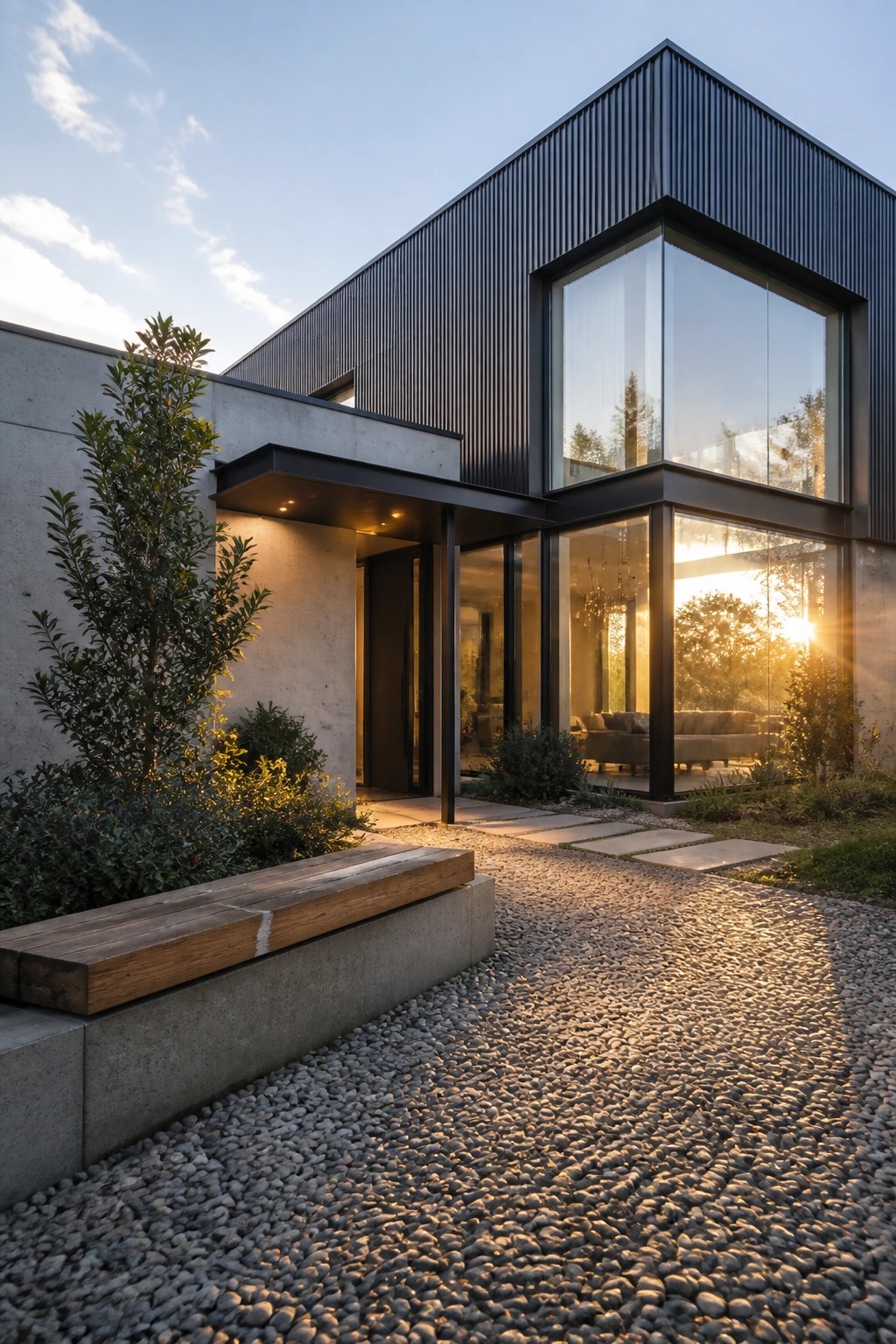 A modern house exterior featuring black corrugated metal siding, light concrete walls, large glass windows, a gravel path, and a wooden bench near the entrance.
