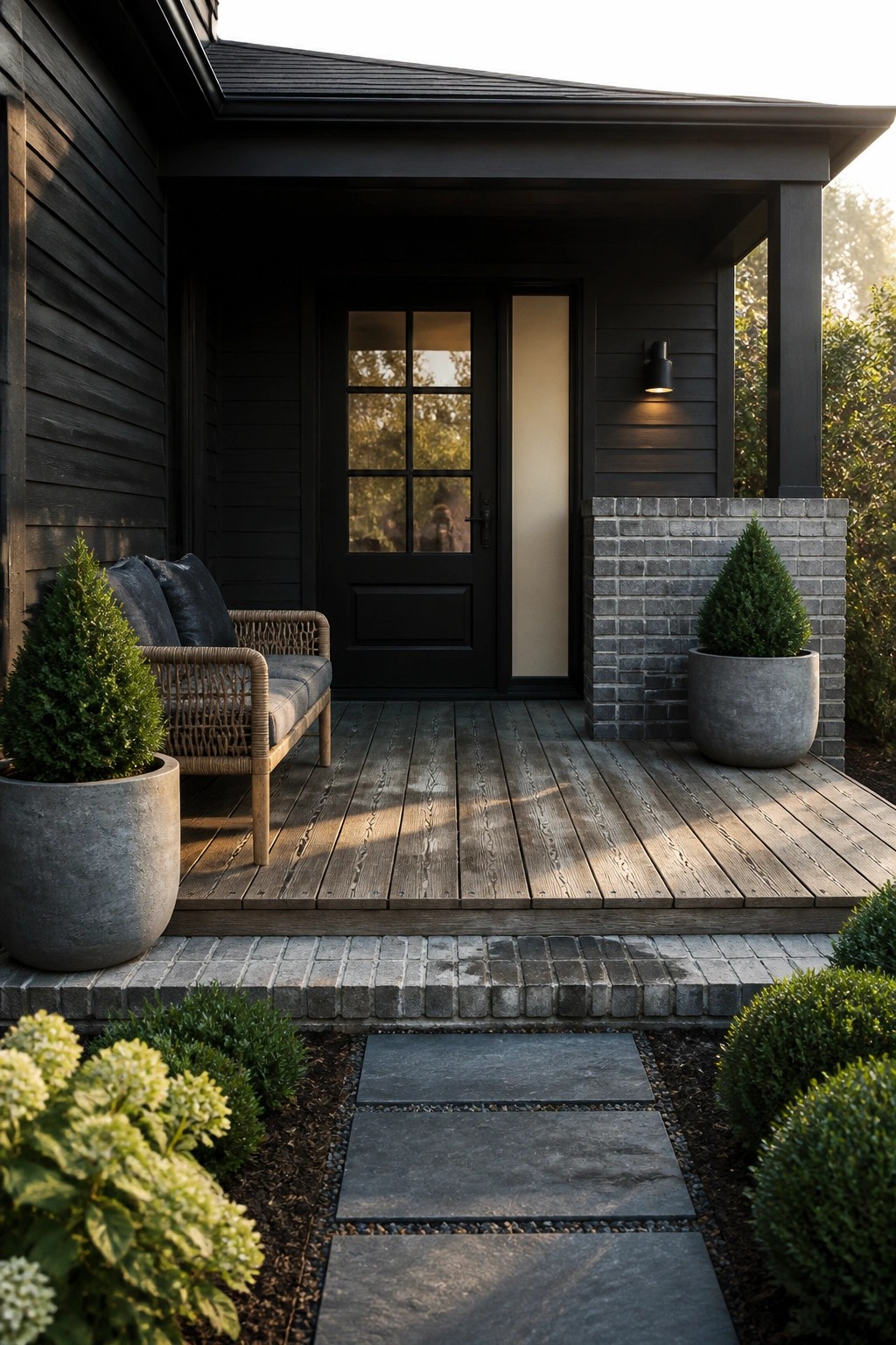 Dark wooden porch with black door, wicker chair, potted plants, and stone path.