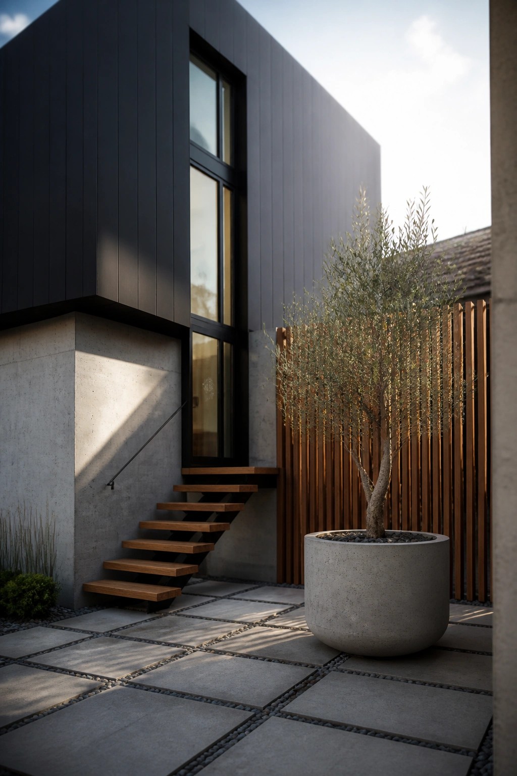 Modern house exterior with black vertical siding above a concrete base, floating wooden stairs, a large concrete planter with a tree, and gray stone paving.