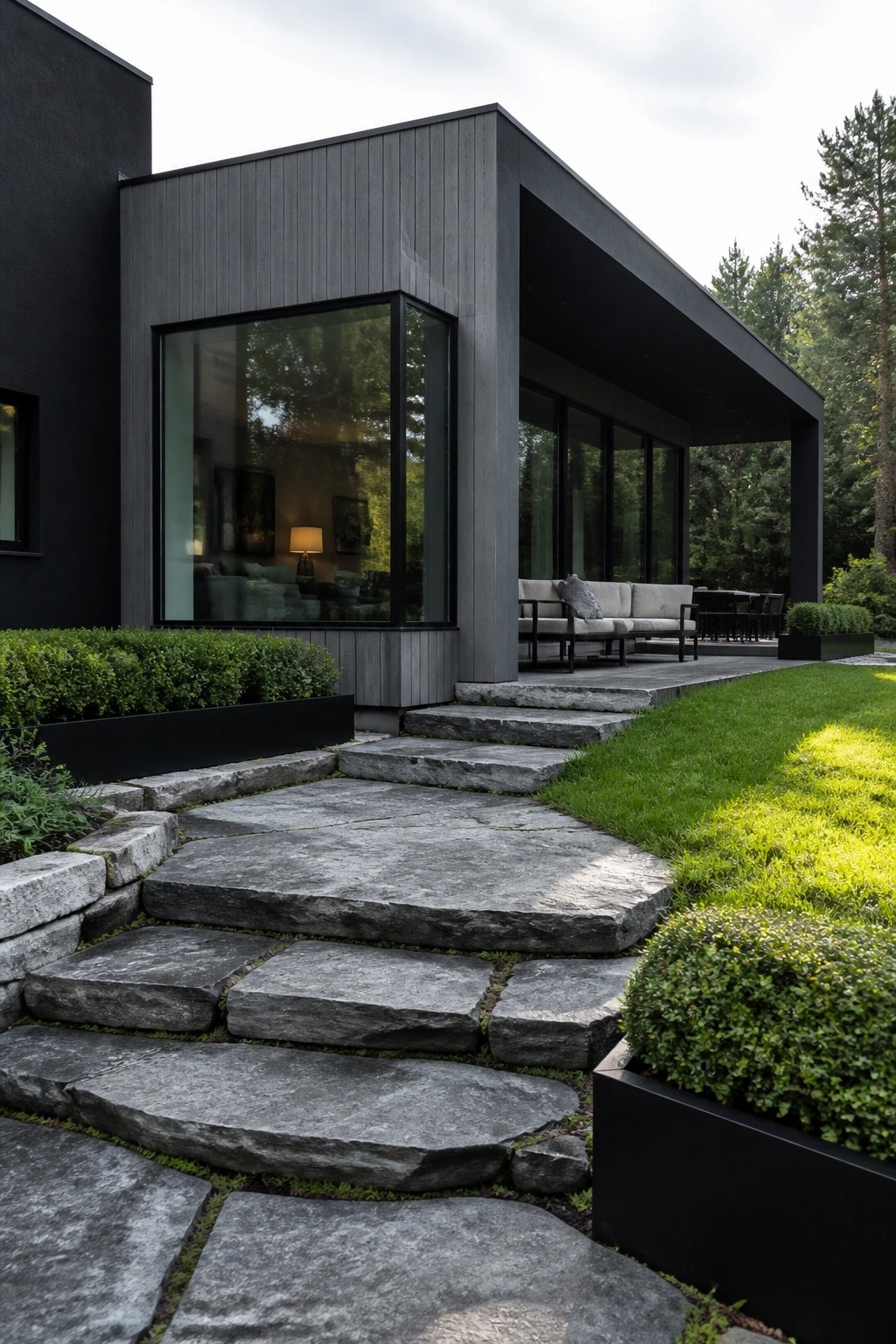 A modern dark gray house exterior with black trim, large windows, stone steps, and a paved patio area with seating.