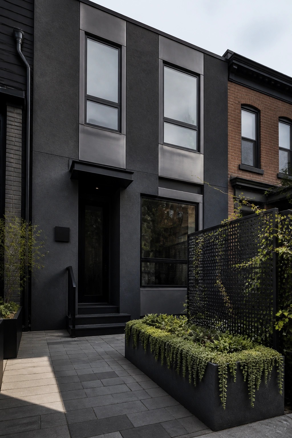 Modern black house exterior with metallic gray panels framing windows and entry, black door, steps, and a paved front area with planters.