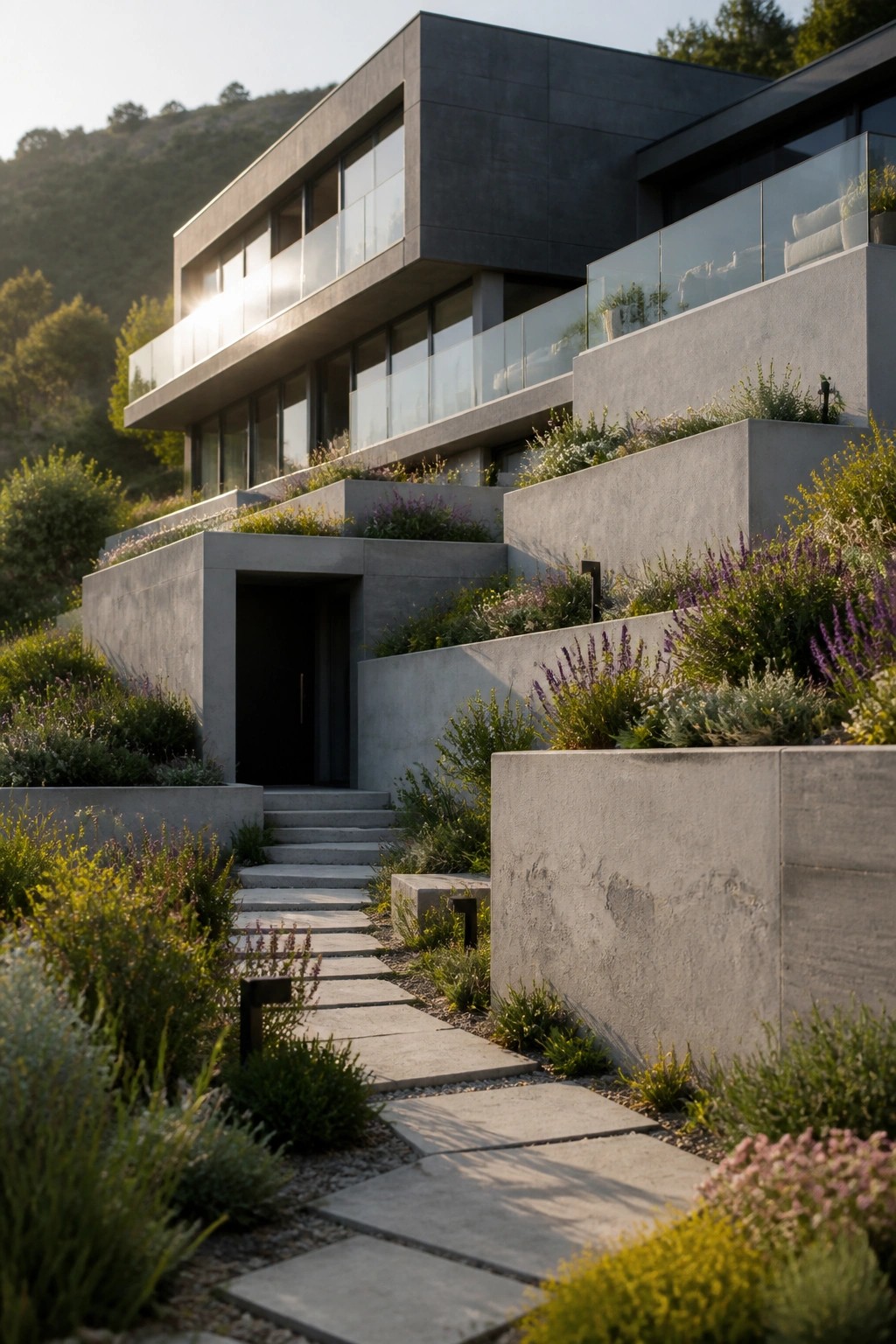 A modern multi-level house with dark gray concrete walls, black-framed windows and door, glass railings, and terraced concrete planters filled with greenery and flowers, viewed from a stone pathway.