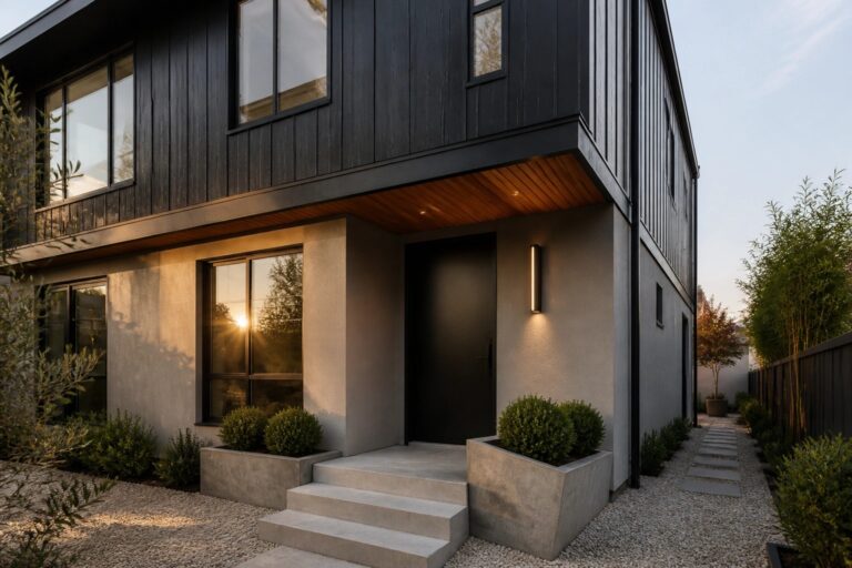 A modern two-story house exterior featuring vertical black metal siding on the upper level, smooth concrete walls below, a black front door, concrete steps, and large black-framed windows.