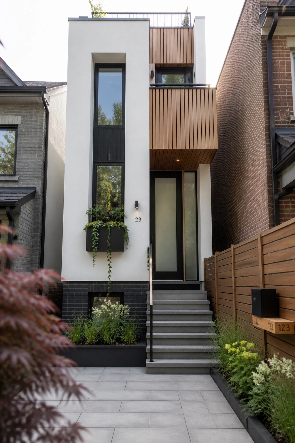 A narrow modern house with white walls, black-framed windows, a wood slat balcony, and gray concrete stairs leading to the front door.