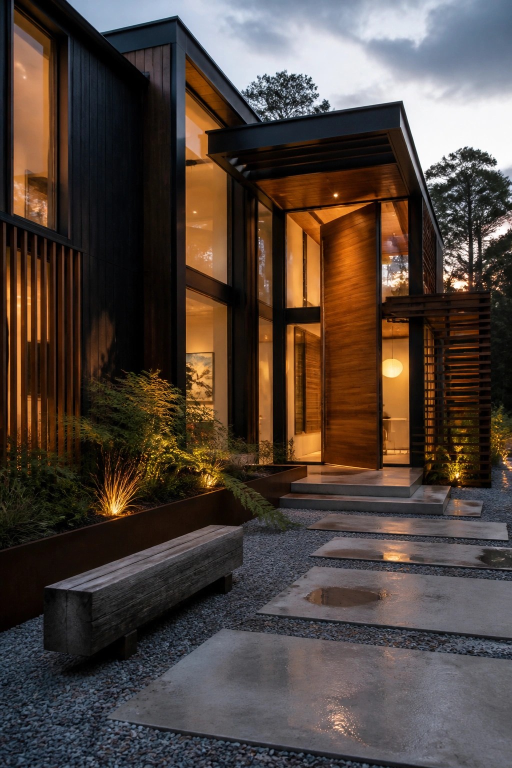 Modern house exterior at dusk with dark charcoal siding, wood accents on the entrance and overhangs, large glass windows, concrete steps, and a gravel path with stepping stones.