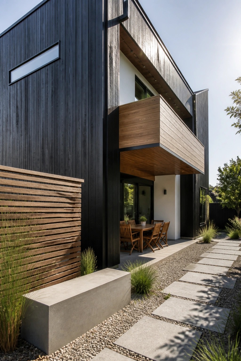 A modern two-story house featuring vertical black wood siding, a projecting wooden balcony, and a concrete bench beside a gravel path with stone pavers.