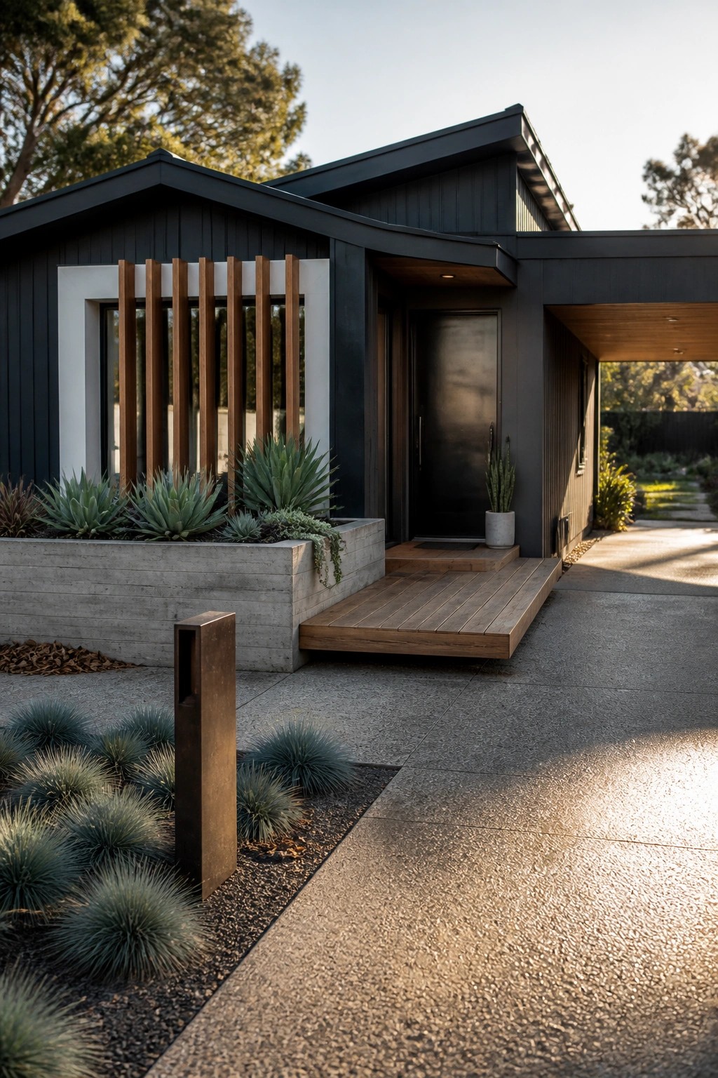 Modern house exterior with dark charcoal siding, vertical wood slats around a window, concrete planters with agave plants, and a wooden entry deck.