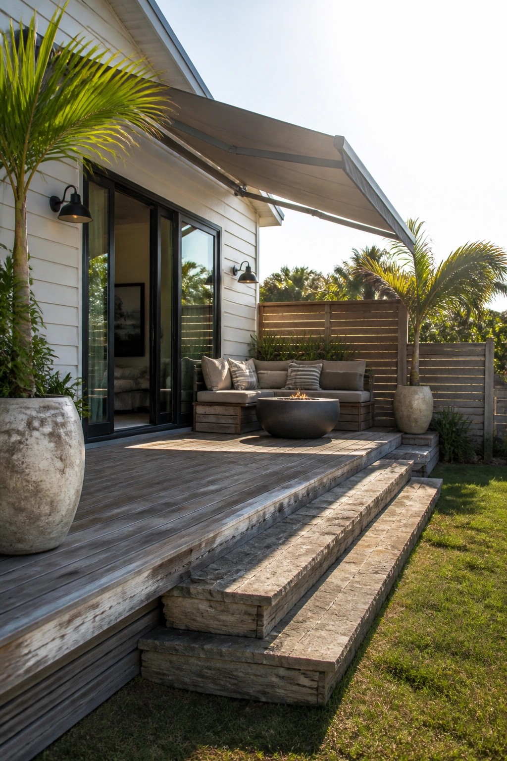 Wooden deck with built-in seating and a round fire pit next to a white house with black sliding doors and a retractable awning.