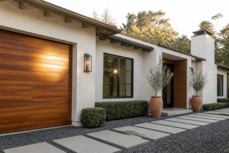A modern house exterior with white stucco walls, a wooden garage door, a wooden front door, dark metal accents, terracotta pots, and concrete pavers on gravel.