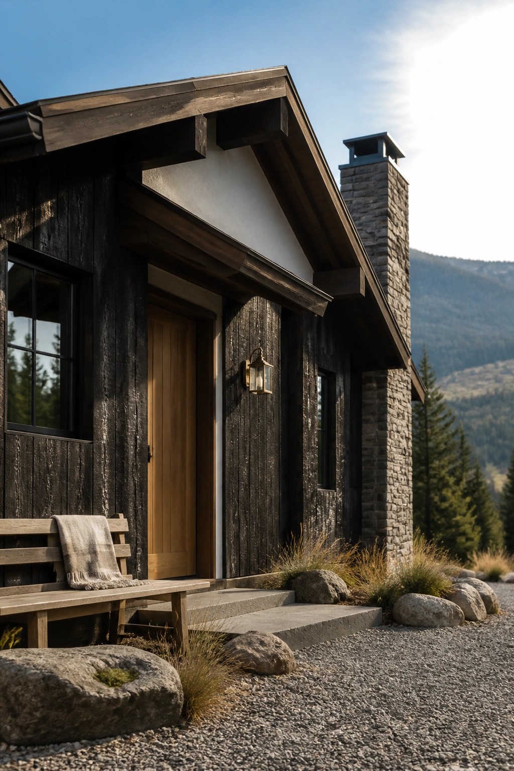 A modern house with dark wood siding, a light wood front door, stone chimney, wooden bench, and gravel driveway set against a mountain backdrop.