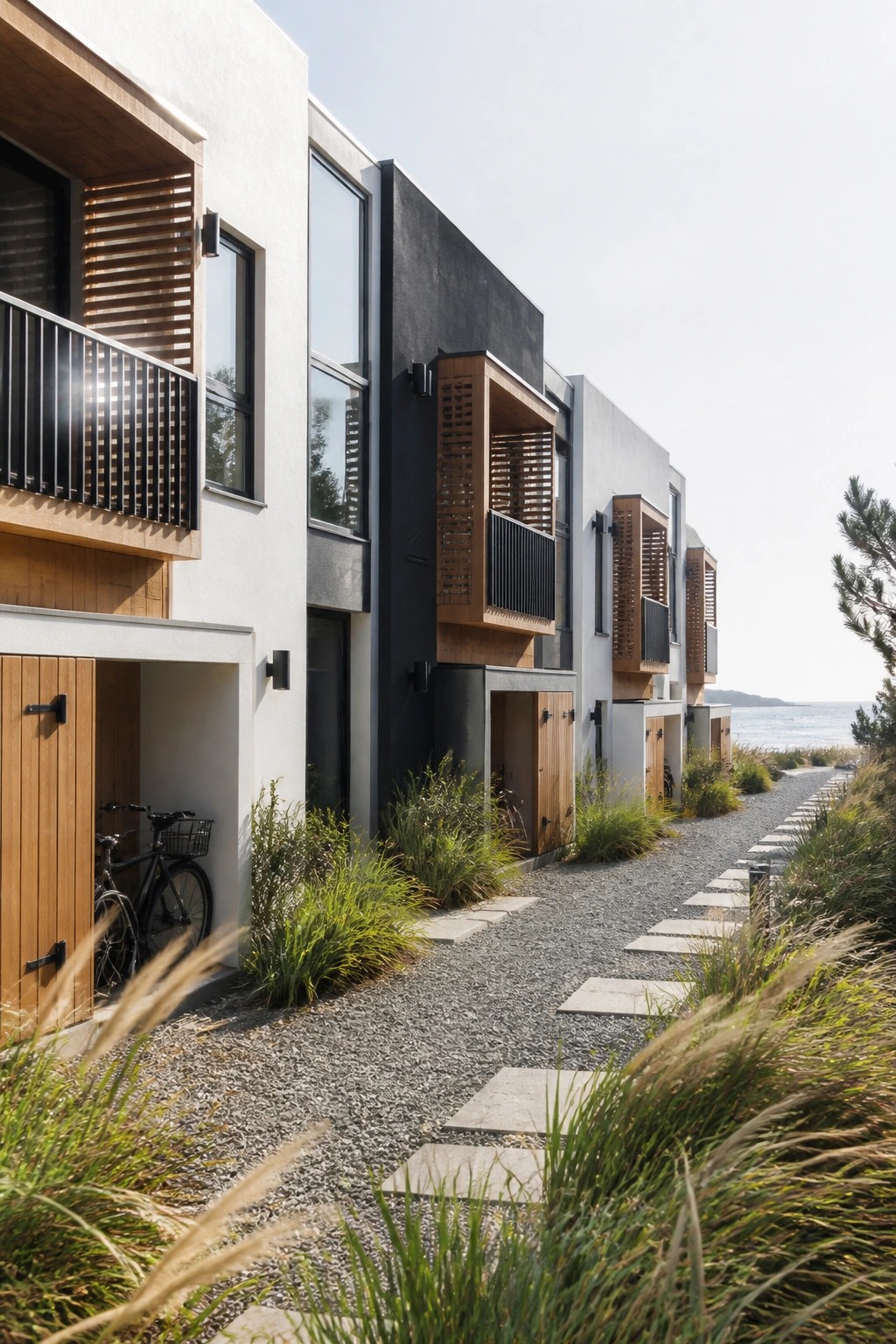 A row of modern homes with white and charcoal exteriors, wood accents on balconies and shutters, and a gravel path leading toward the ocean.