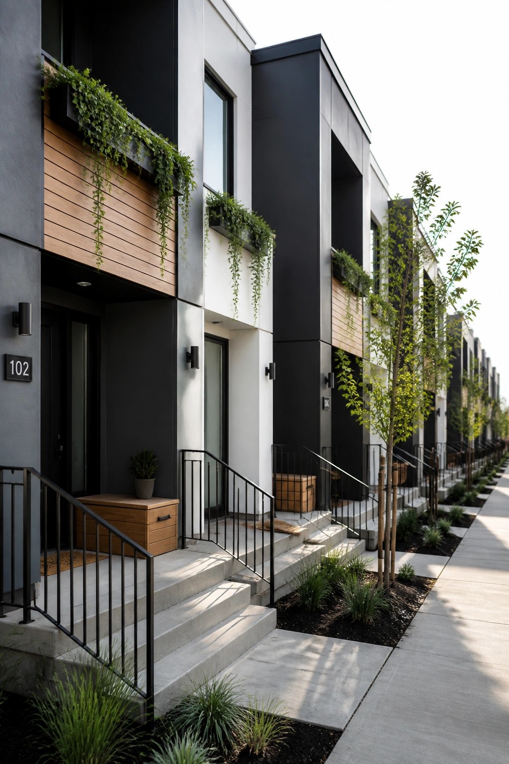 Modern townhomes with white and charcoal exteriors, wood accents, concrete steps, and young trees planted along the sidewalk.
