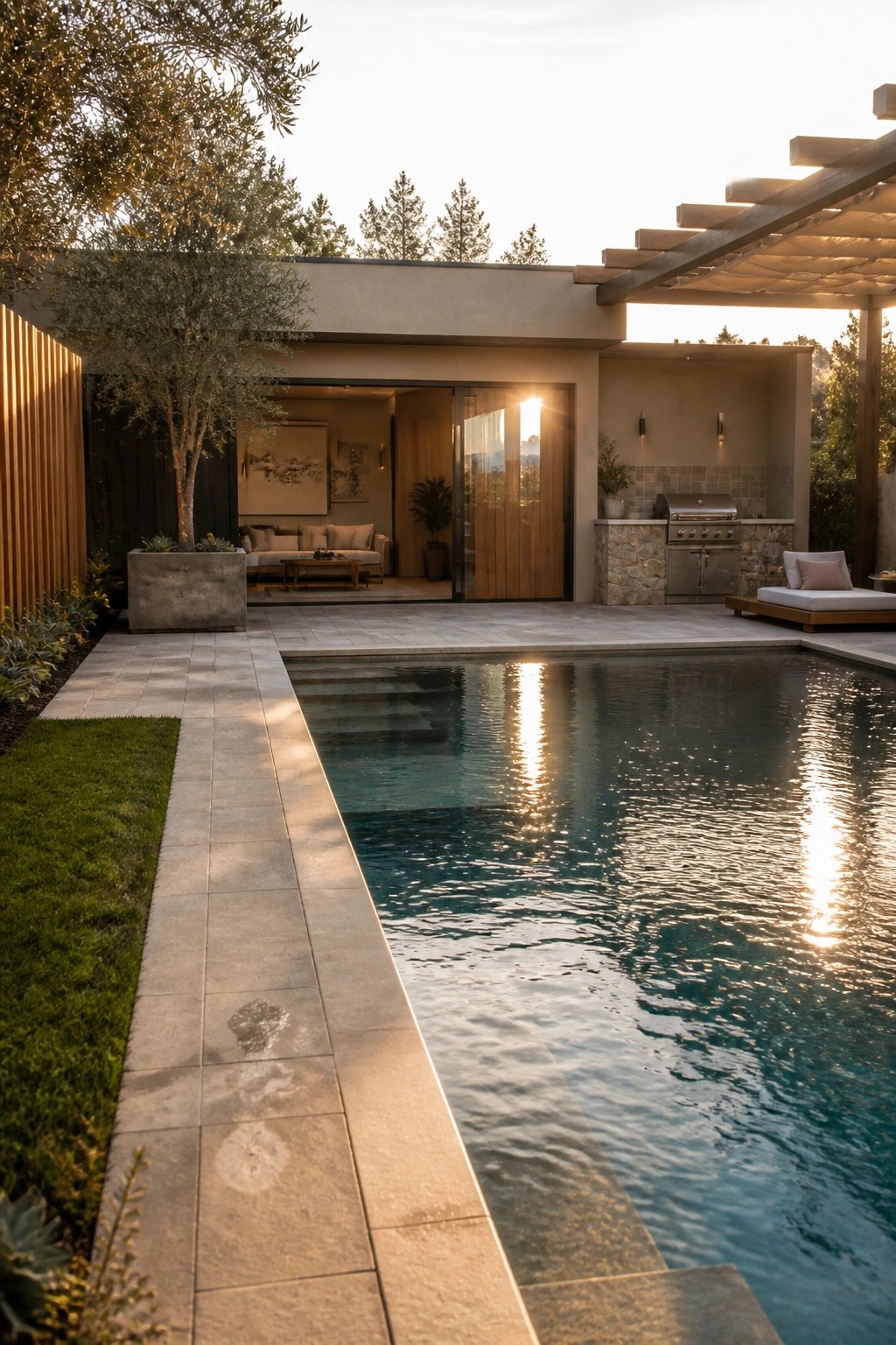 A modern house with taupe walls, wood accents, a stone outdoor kitchen, and a swimming pool at sunset.