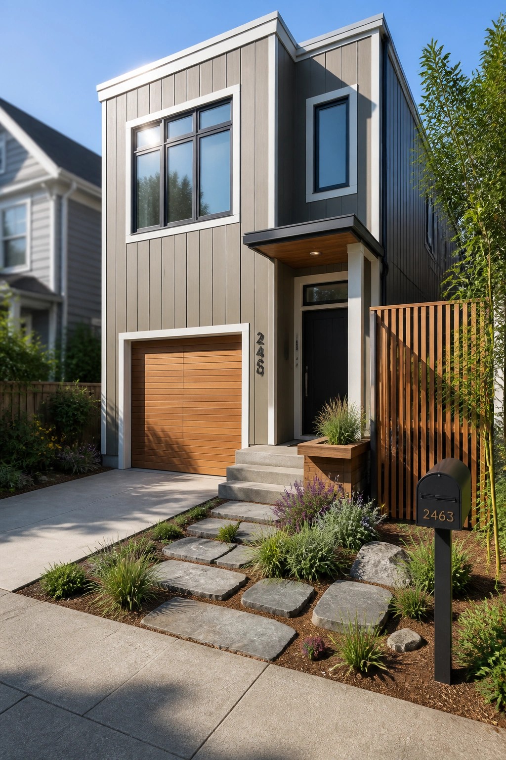A modern two-story house with taupe and charcoal siding, a wood garage door, white trim, and a stone path leading to the front door.