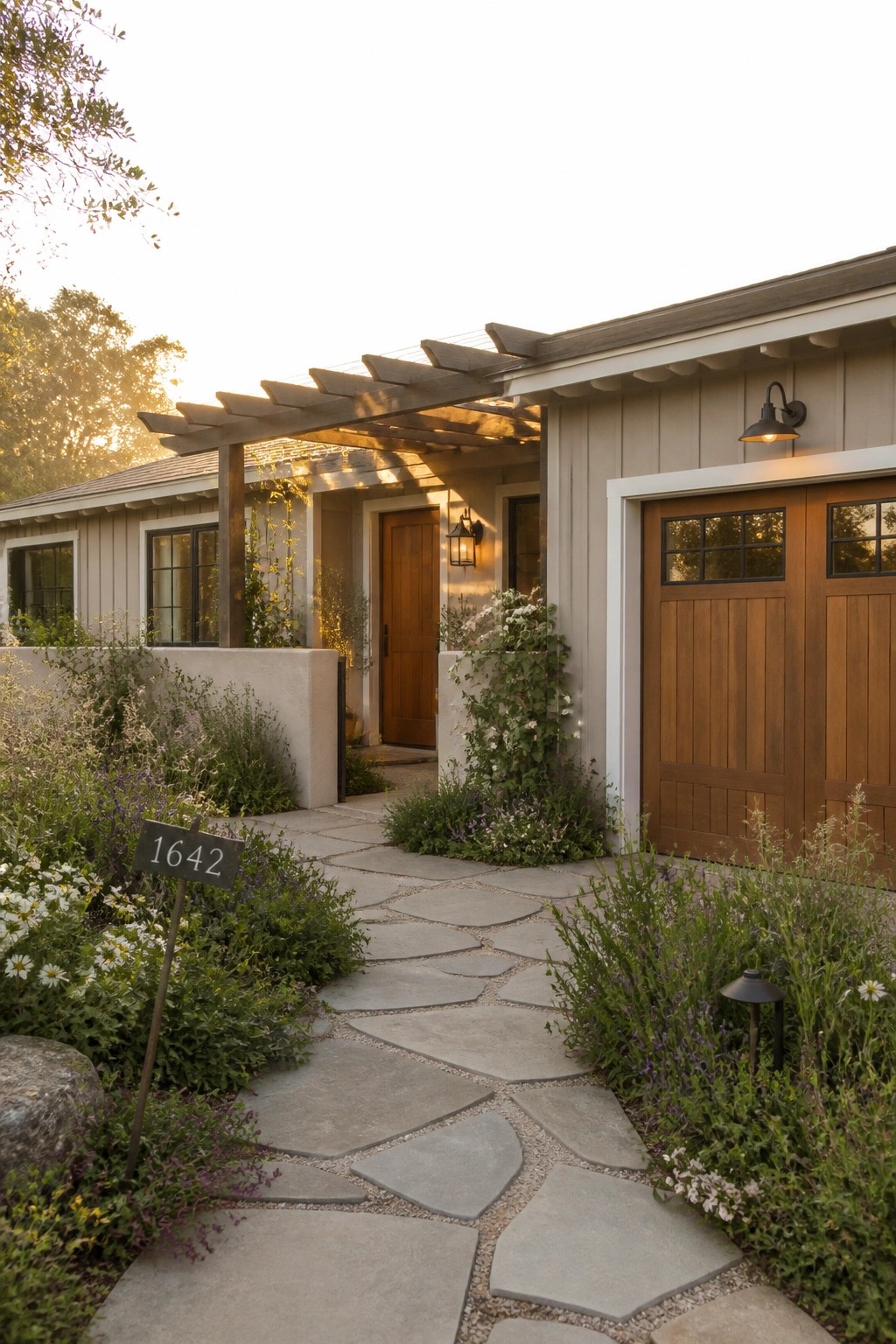 A house with taupe siding shows a wooden front door under a pergola and two wooden garage doors, with a stone pathway and garden in front.