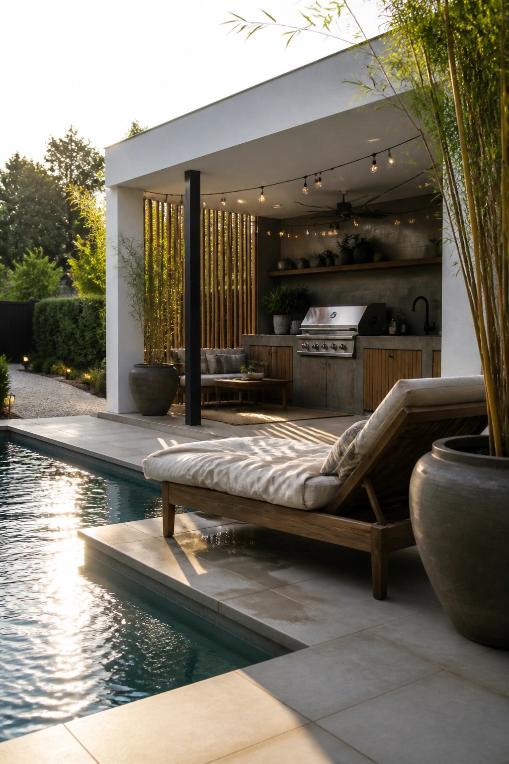 Outdoor living area with white covered structure, wood kitchen cabinets, lounge chair by pool, and potted plants.