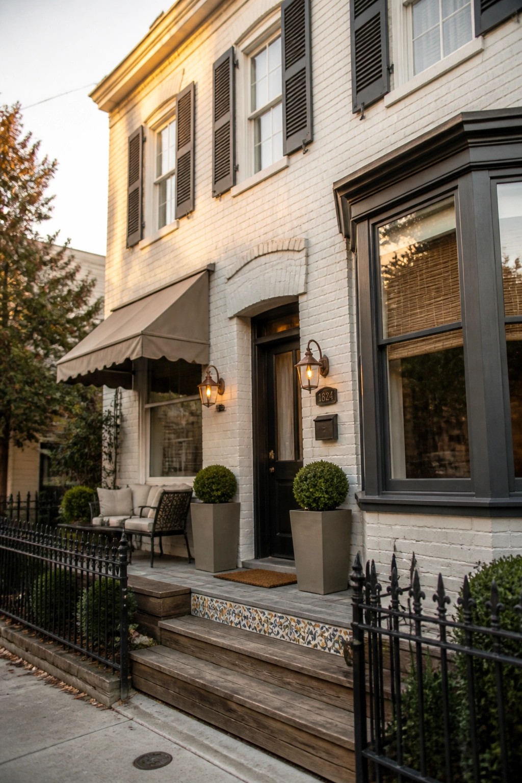 White brick townhouse with black shutters, wooden steps, gray planters, and iron fence.