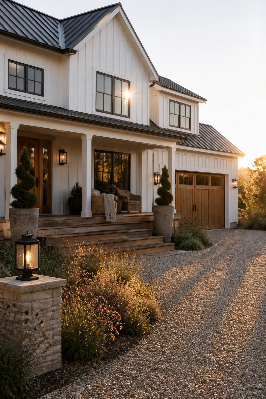 White farmhouse with black roof, wooden porch, steps, and gravel driveway at sunset.