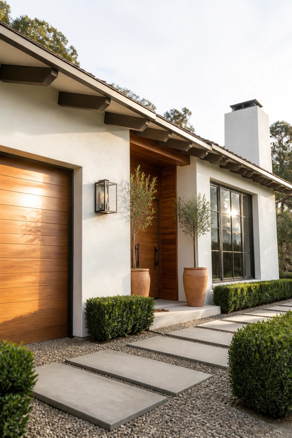 A modern house exterior with white stucco walls, a wooden garage door, a wooden front door, dark metal accents, terracotta pots, and concrete pavers on gravel.