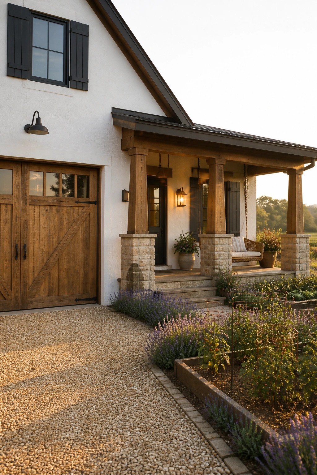 A white house with black shutters, a wooden garage door, stone porch columns, and a gravel driveway beside a garden.