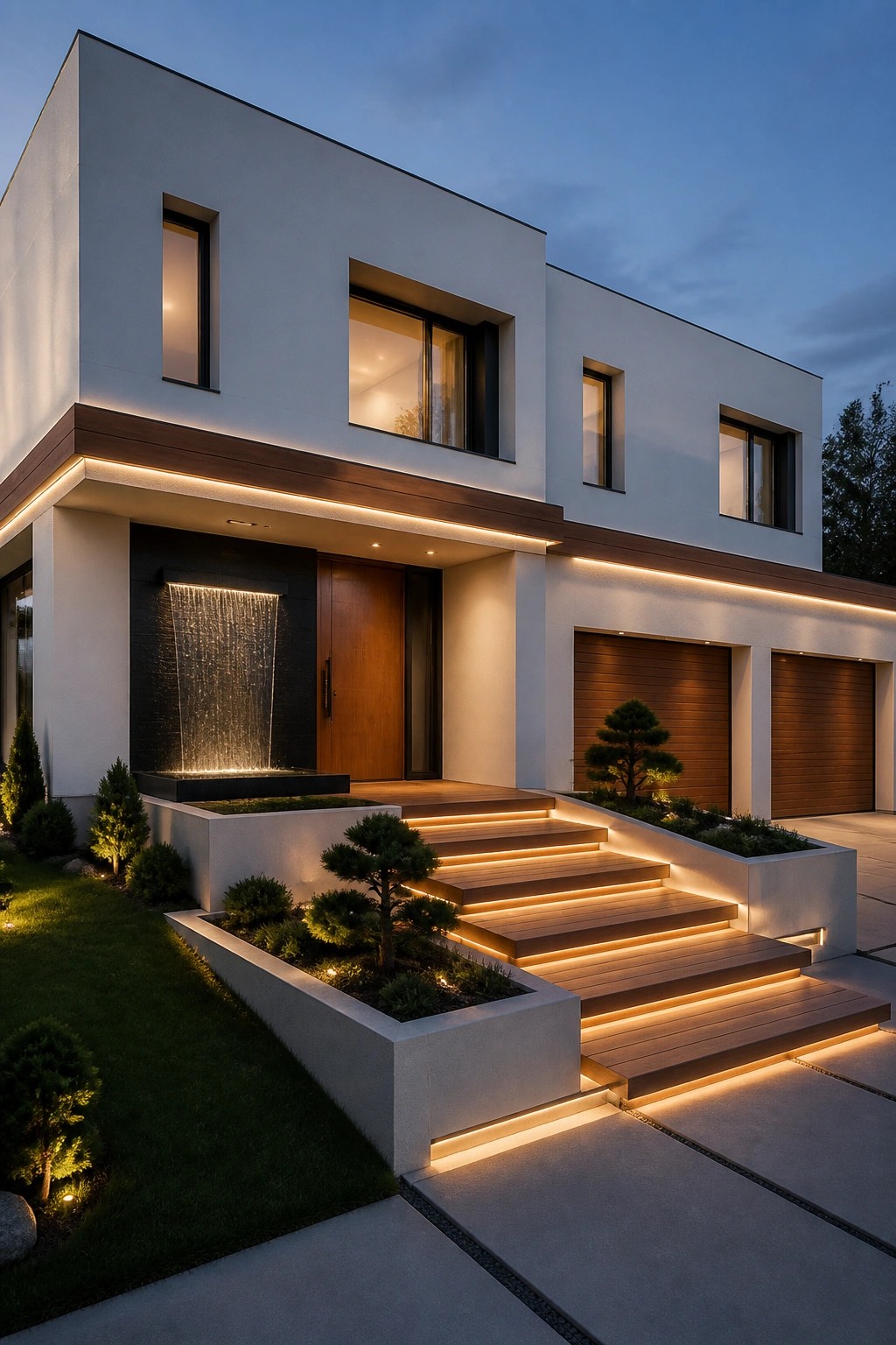 Modern white house with illuminated waterfall, glowing stairs, and wooden garage doors at dusk.