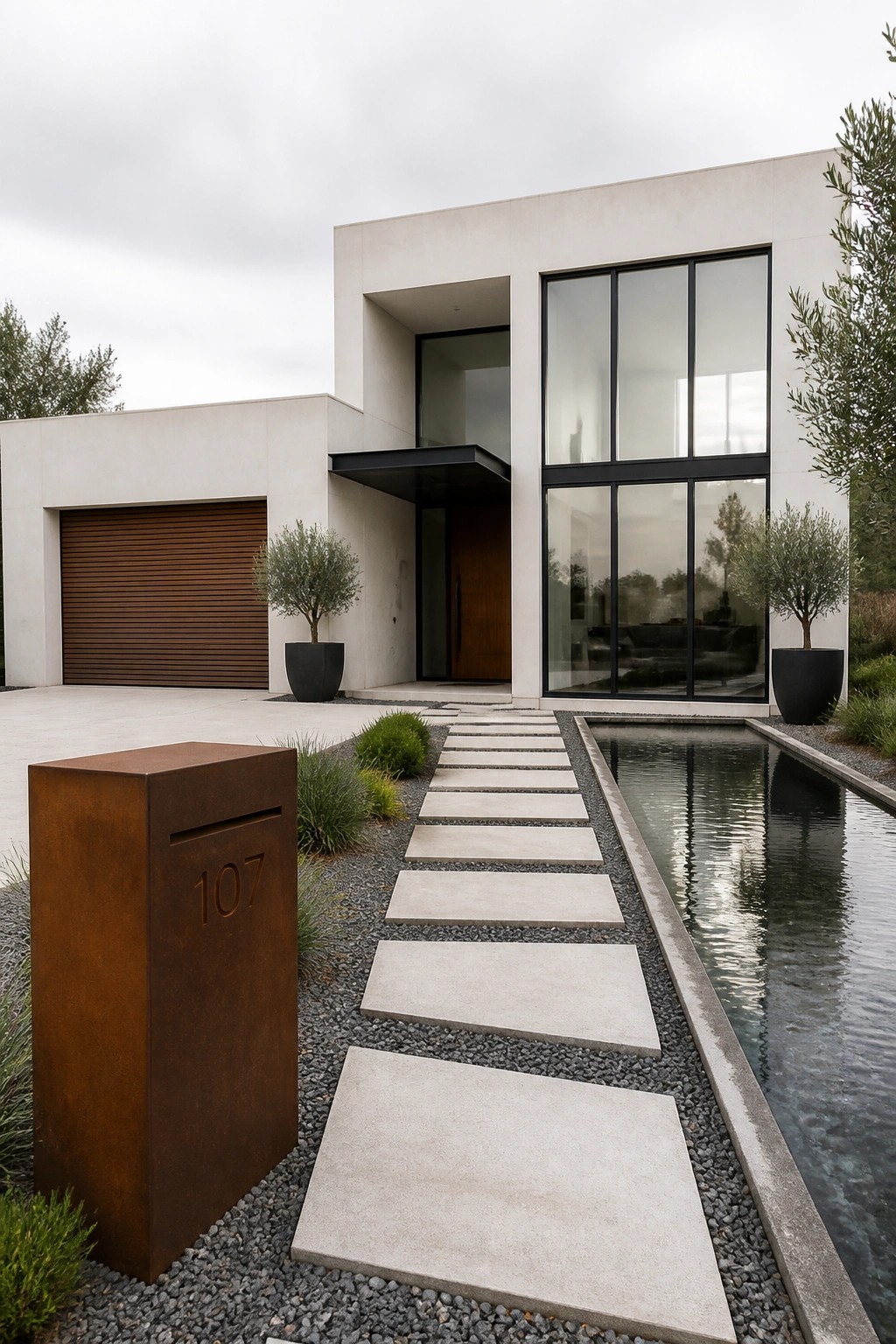 Modern white house with reflecting pool, stone path, and rusted metal mailbox.