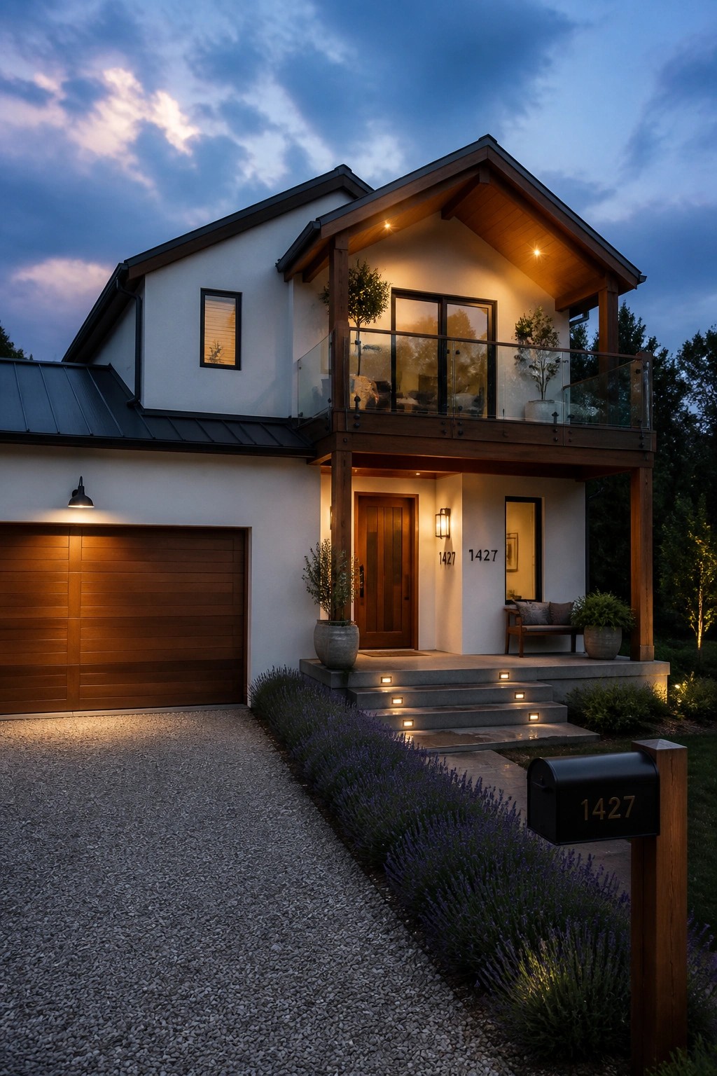 A modern two-story house at dusk with white walls, dark wood beams and trim, a wood garage door, and a second-floor balcony with glass railing.