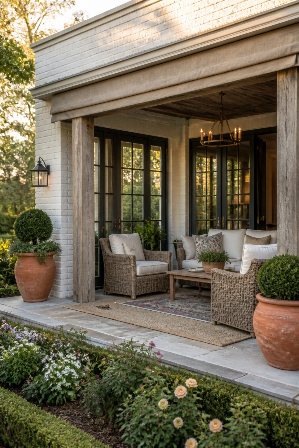 A covered porch with white brick walls, wooden support posts and beams, black-framed glass doors, woven outdoor furniture with neutral cushions, terracotta pots with greenery, and a garden bed in the foreground.