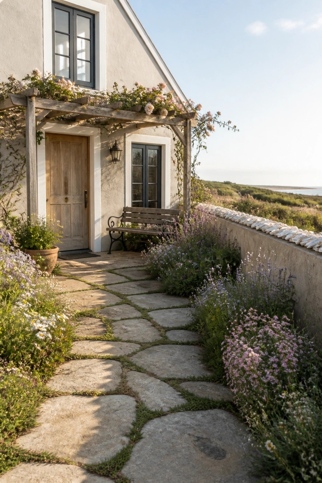 Stone pathway winds past flowers to a vine-covered cottage by the sea