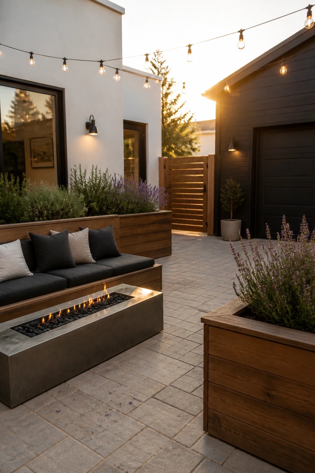 An outdoor patio with a built-in wooden bench and fire pit, wooden planters, string lights overhead, white house walls on the left, and a dark charcoal building with a garage on the right.