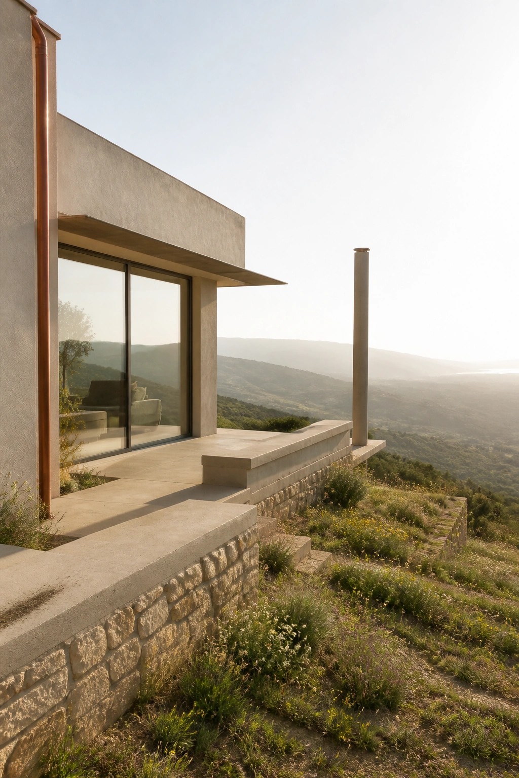 A modern concrete house with large sliding glass windows, a copper downspout, and a low stone wall base on a grassy hillside.