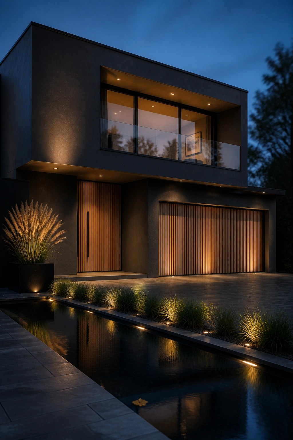 A modern two-story house at dusk with dark gray walls, large lit windows, vertical wood siding on the entrance and garage doors, and a long reflecting pool in the foreground.