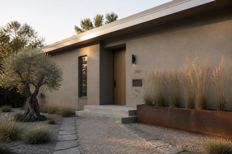 Modern house entrance with taupe stucco walls, a vertical wood door, concrete steps, gravel path, and stone stepping stones bordered by grasses and a rusted metal planter.