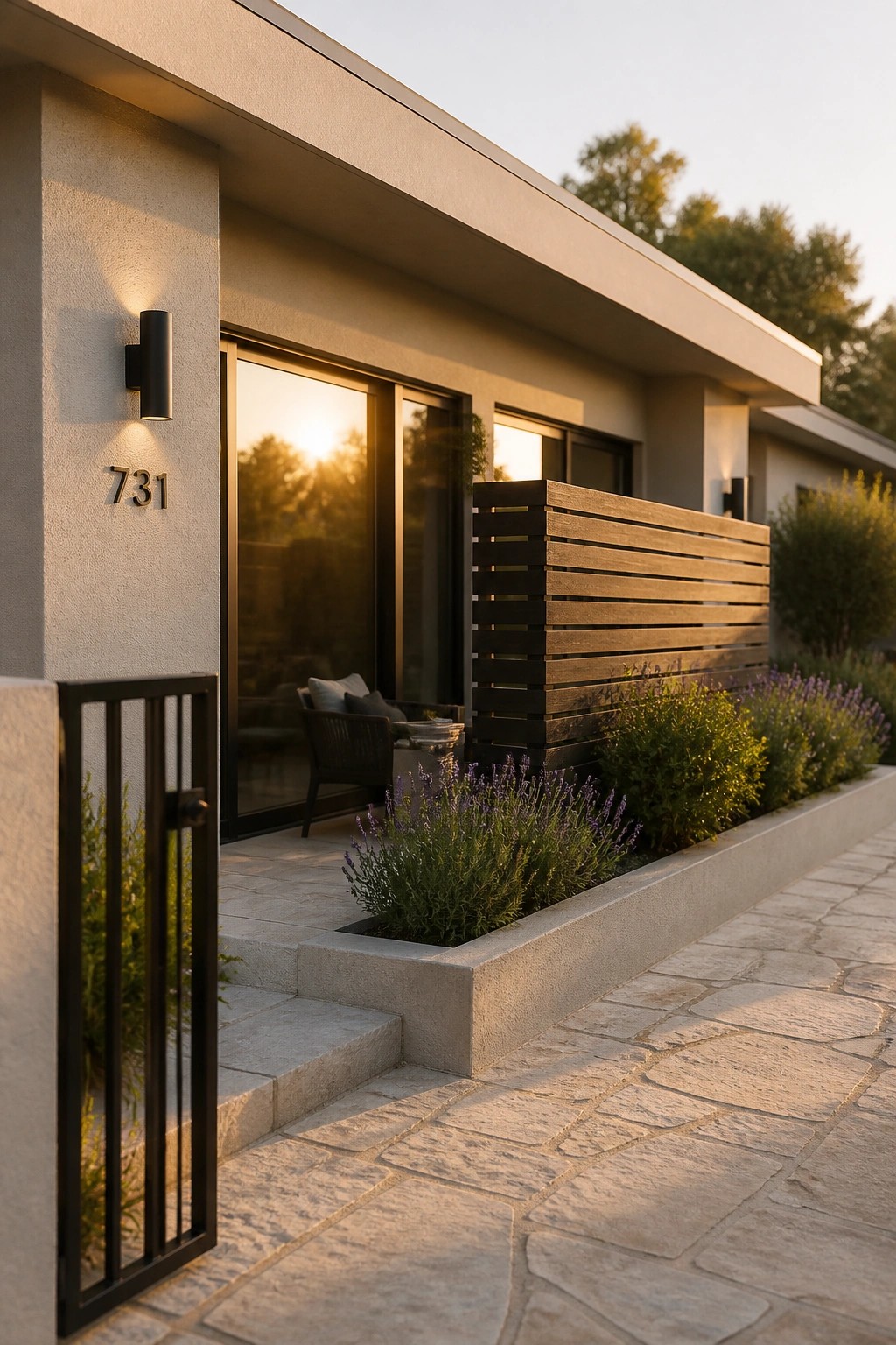 Modern house entrance with 731 plaque, glass doors, wooden screen, and lavender at sunset.