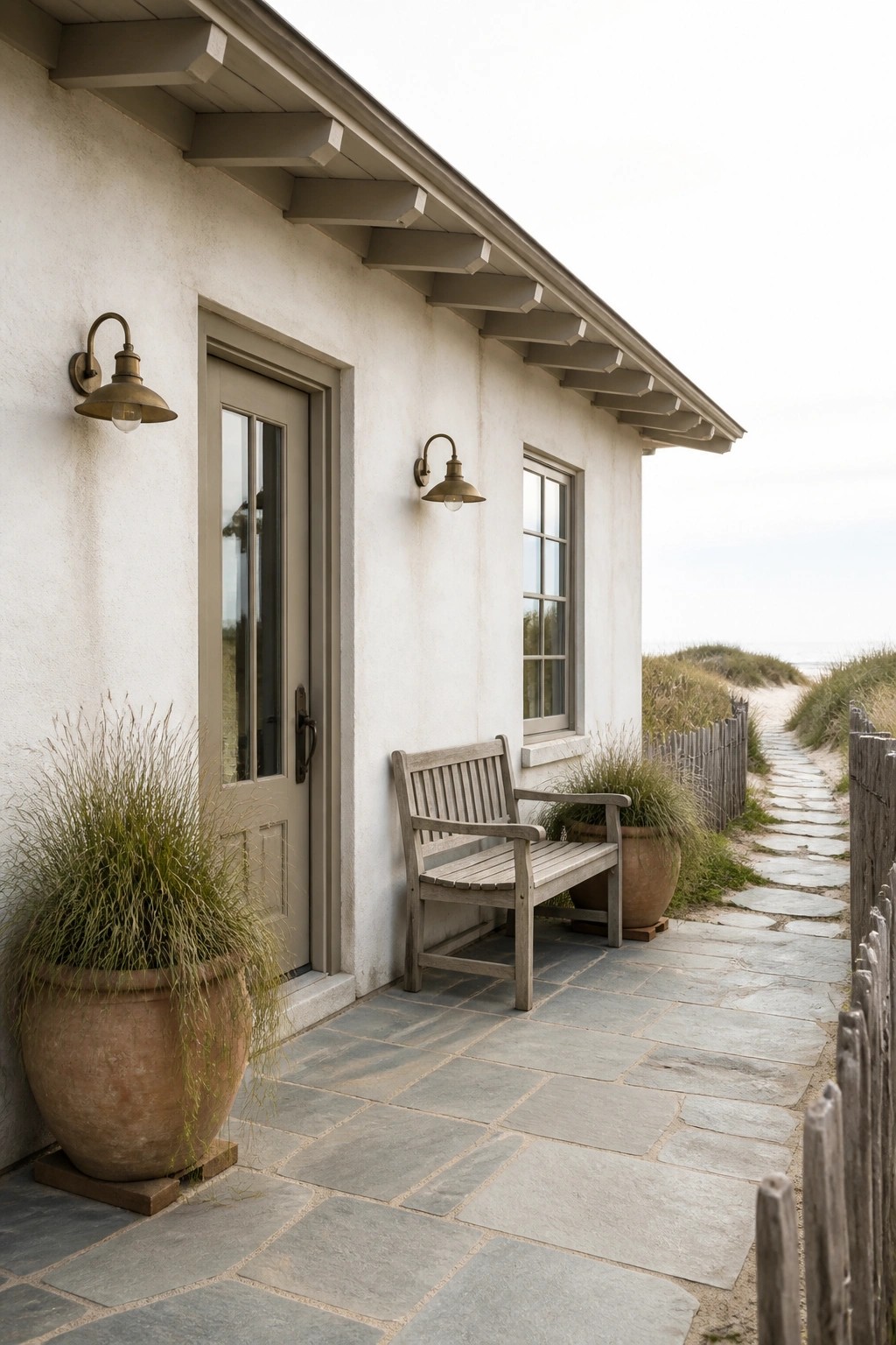 A stucco house exterior with matching beige walls, door, and trim, a wooden bench on a stone patio, large terracotta pots, and a path leading toward the ocean.