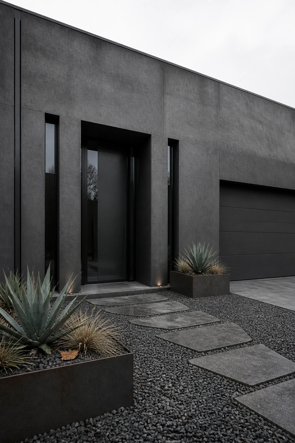 Modern house exterior with dark gray panels, black door and garage, gravel path with stepping stones, and metal planters holding agave plants.