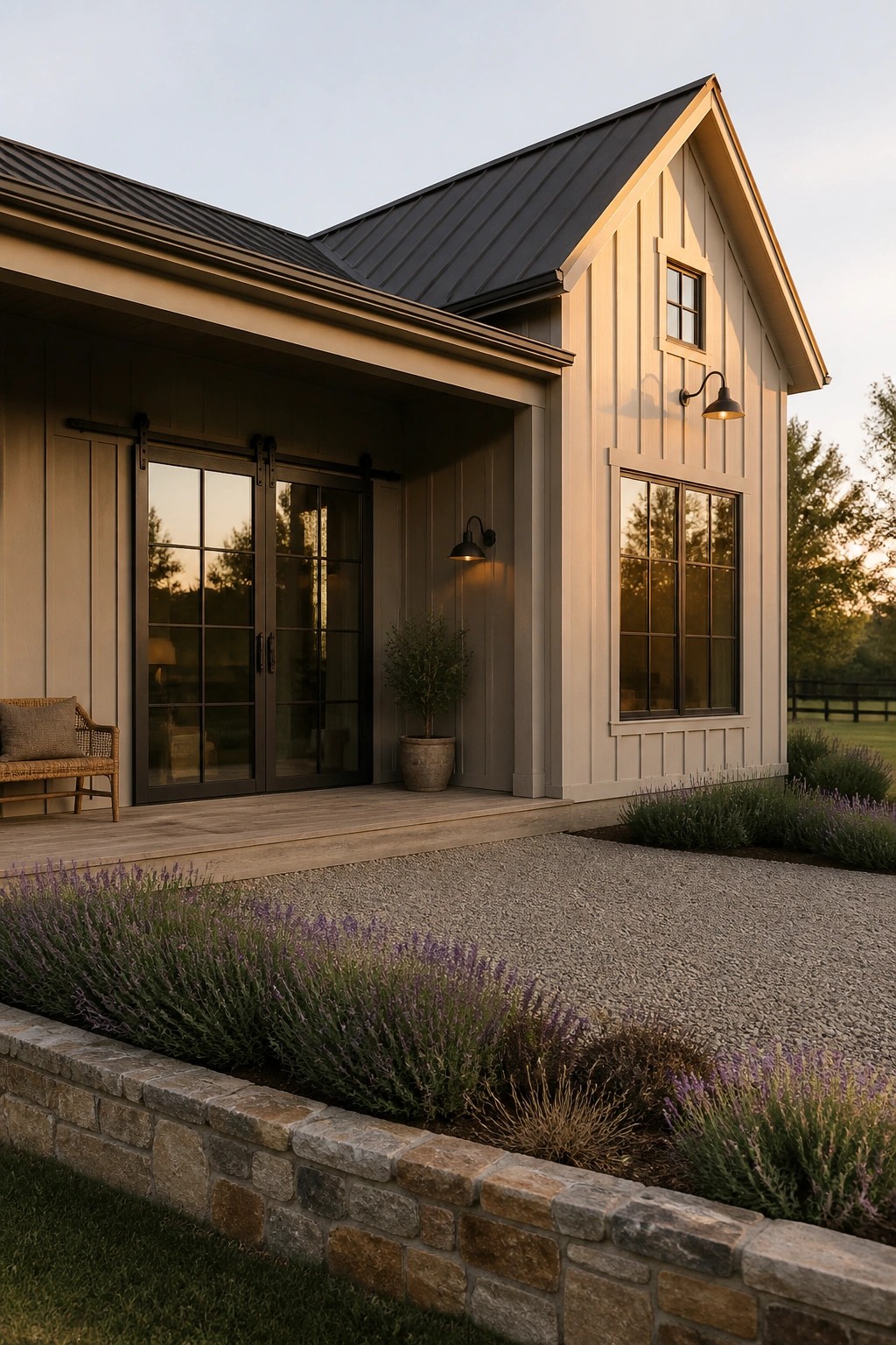 Modern farmhouse with beige siding, black roof, glass doors, gravel path, and lavender beds