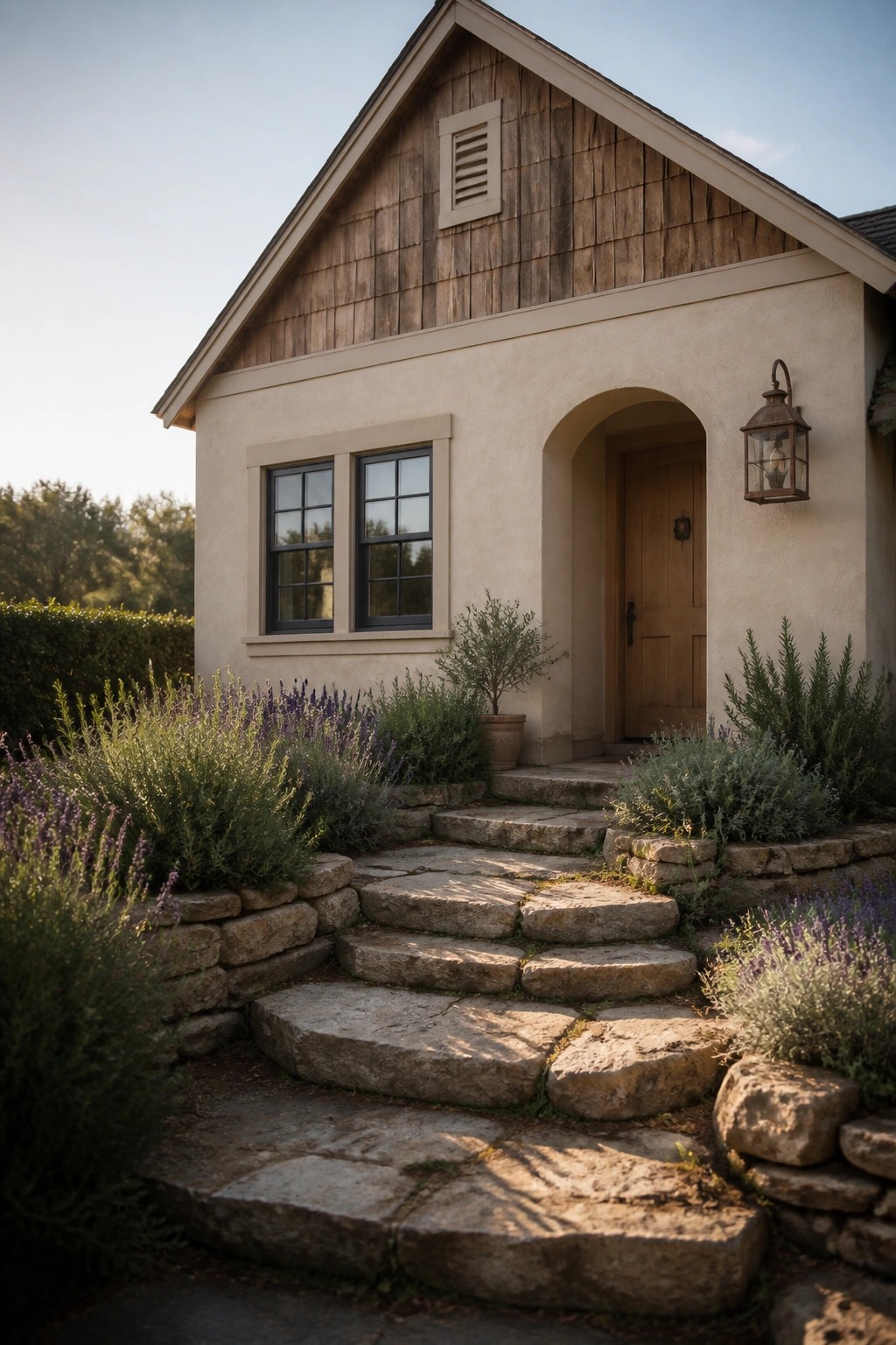 A front view of a house with a wooden shingle gable, beige stucco walls, two small windows, a wooden door under an arch, a wall lantern, and stone steps with surrounding plants.