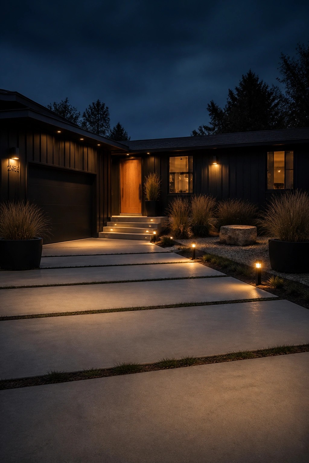 Night view of a long modern ranch home with dark vertical siding, illuminated concrete walkway, wooden front door, and simple ornamental grass landscaping.