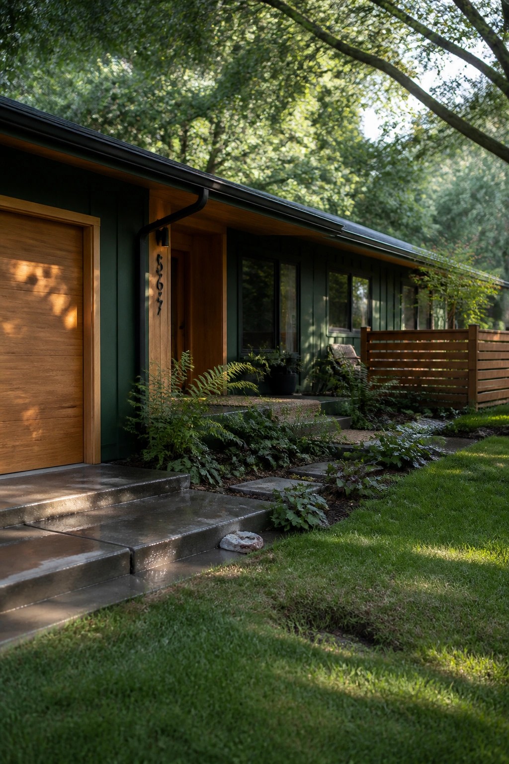 A long ranch house with dark green siding, wood door and trim, concrete steps, and landscaping along the front.