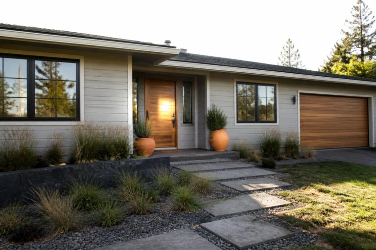 Front view of a modern ranch house with light gray horizontal siding, a wooden front door, a matching wooden garage door, and two large terracotta pots beside the entry steps.