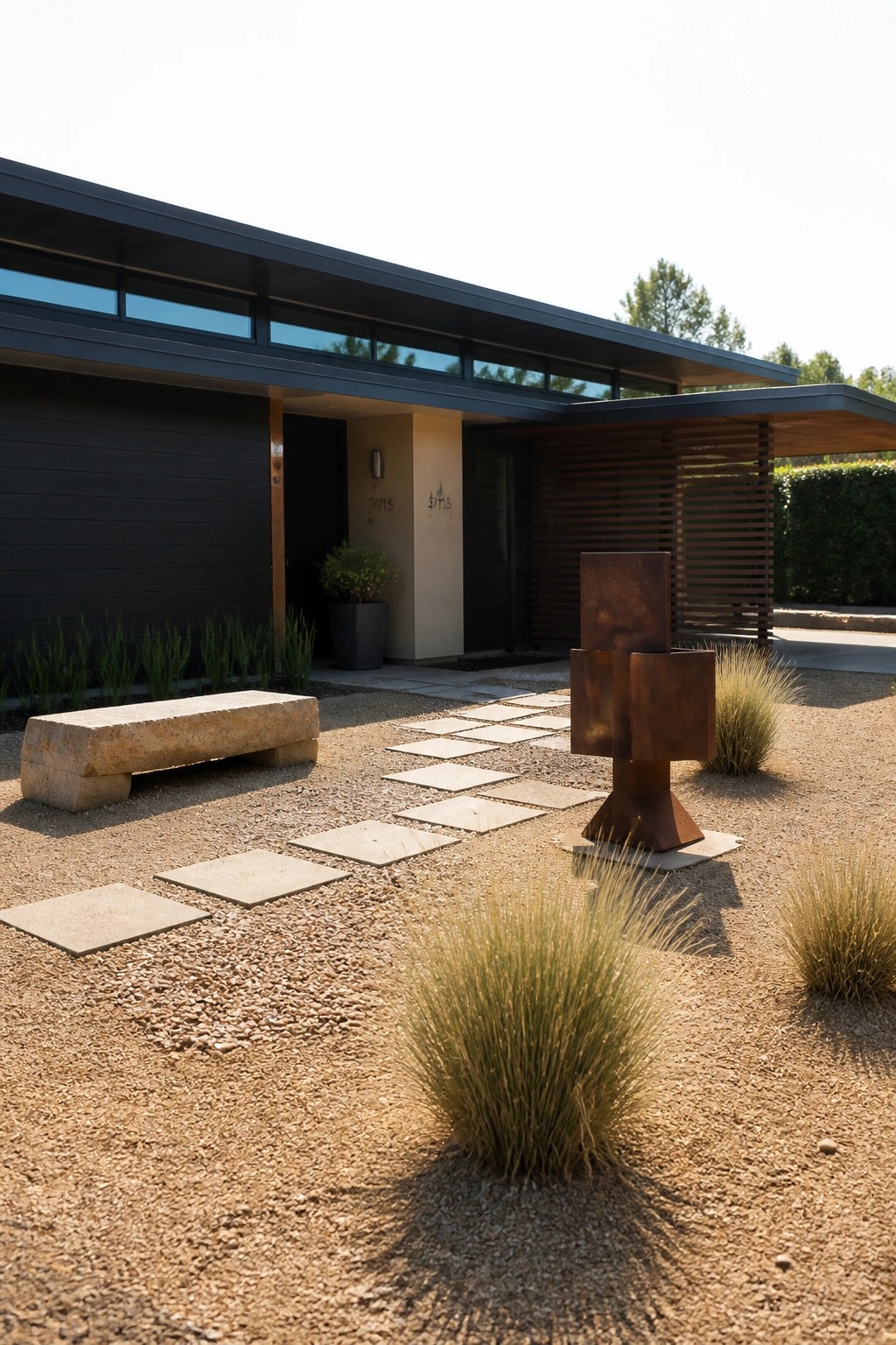 Modern ranch house with dark siding, gravel yard, square stone pavers forming paths, clumps of ornamental grass, stone bench, and rusted metal sculpture near the entrance.
