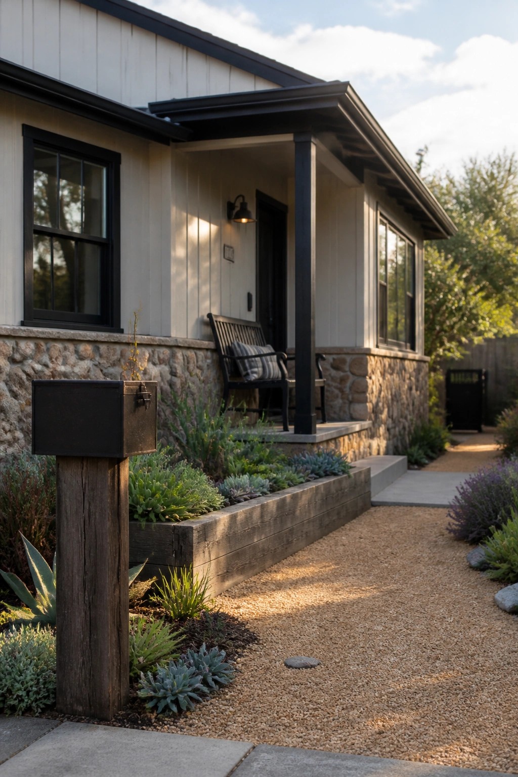 A light-colored ranch house with dark trim and stone foundation sits beside a gravel path and a long raised wooden planter bed filled with succulents.
