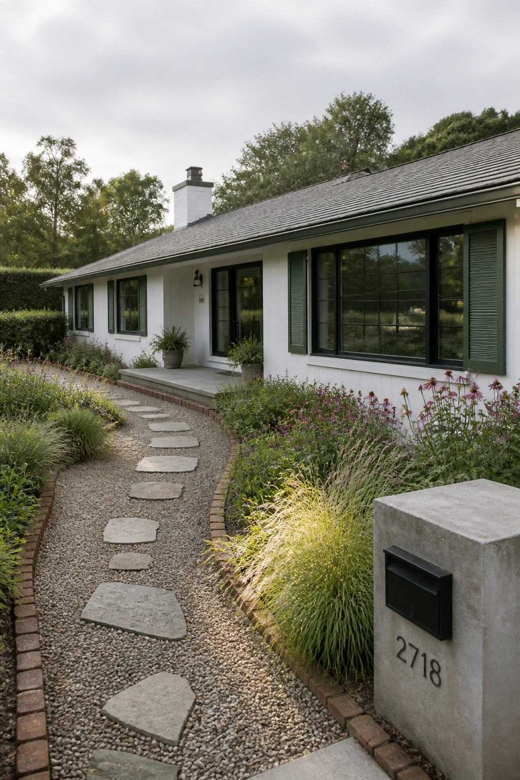 A long white ranch house with green shutters features a curved gravel path with large stepping stones and brick edging, bordered by mixed garden plantings and a concrete mailbox in the foreground.