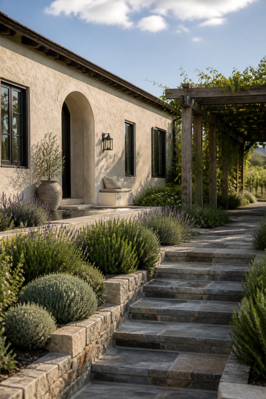 A light beige stucco ranch house with black-framed windows, an arched entry, and layered beds of lavender and low shrubs beside stone steps leading to a wooden pergola.