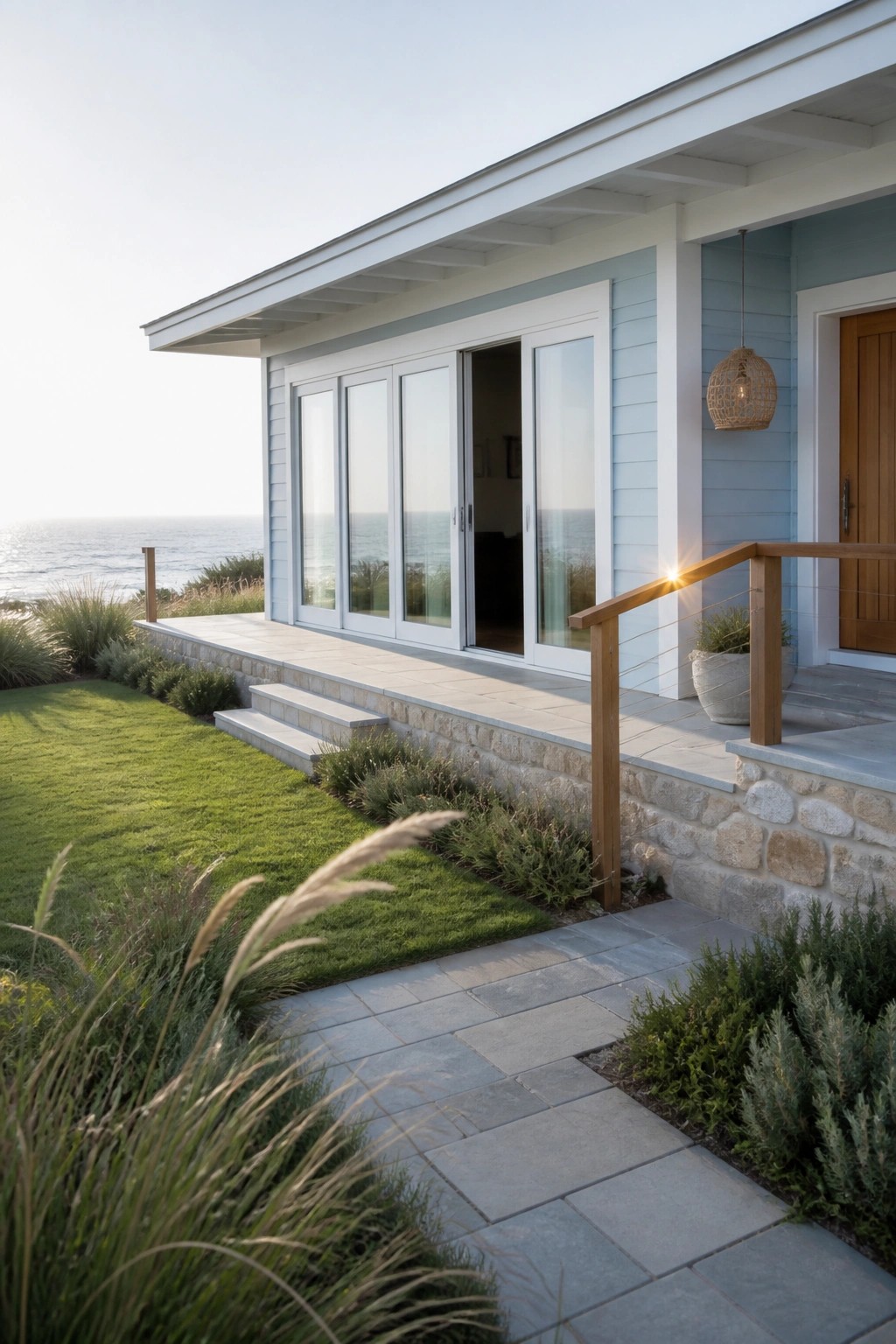 A long low ranch house with light blue siding, white trim, stone foundation, and large sliding glass doors facing the ocean.
