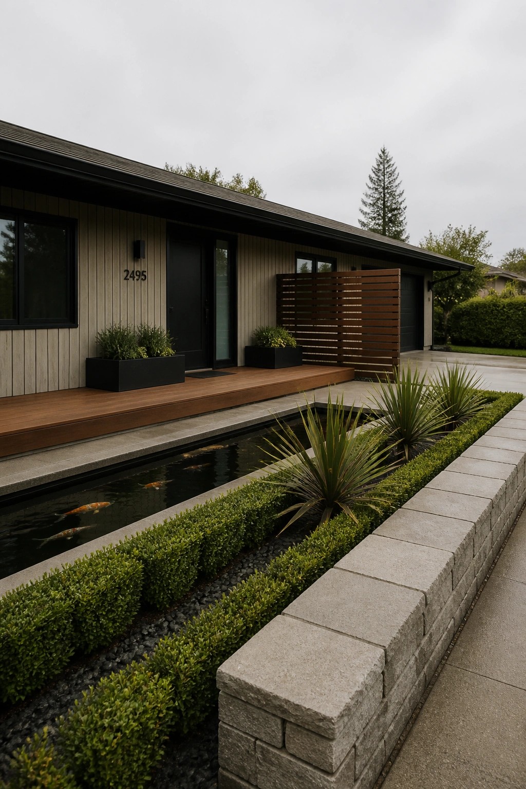 Front view of a long modern ranch house with light vertical wood siding, black door and windows, and a narrow koi pond edged with shrubs along the facade.
